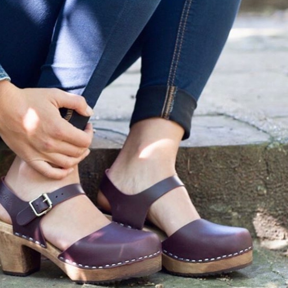 Lotta's Lotta From Stockholm Highwood Aubergine Leather Swedish Wooden Clogs 38 - Picture 8 of 9